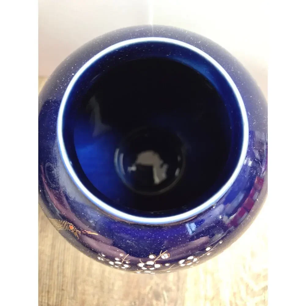 Vintage Japanese Ginger Jar Urn with Lid Cobalt Blue with Peacock & Floral scene